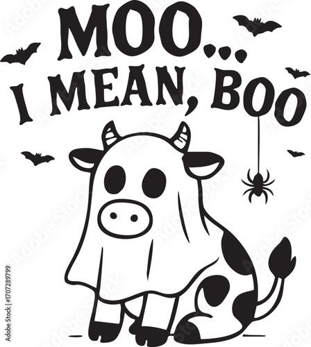 Funny Halloween vector of cow dressed as ghost with “MOO… I MEAN, BOO” quote, bats, and spider perfect for festive designs
