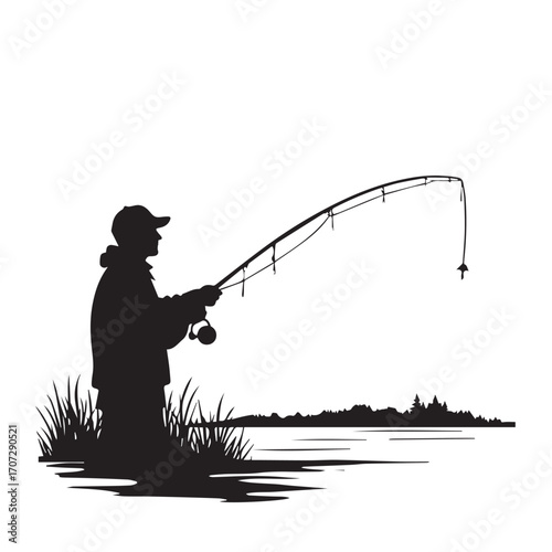 silhouette of a fisherman with fishing rod, fishing, fisherman, silhouette, boy, fish, sunset, rod, woman, water, vector, people, illustration, sport, lake, angler, cartoon, summer, fun, nature, beach