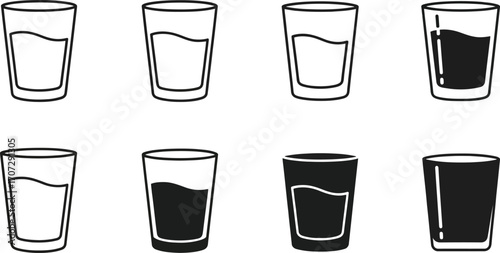 Eight Glasses with Liquid: A minimalist depiction of eight transparent glasses, each holding a different level of liquid, symbolizing options and variety.