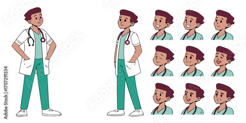 Doctor character constructor in medical uniform with stethoscope. Animation kit featuring customizable body parts, medical gestures, and facial expressions. Vector illustration for healthcare and hosp