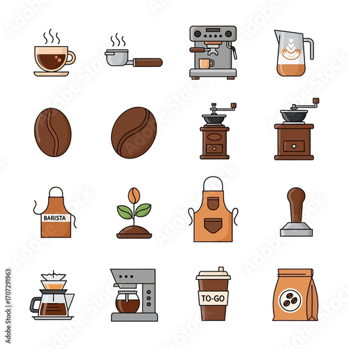 Coffee Icons Set - Espresso, Beans, Grinder, Apron, Plant, and More.