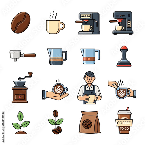 Coffee Icons - Beans, Cups, Machines, and Barista.