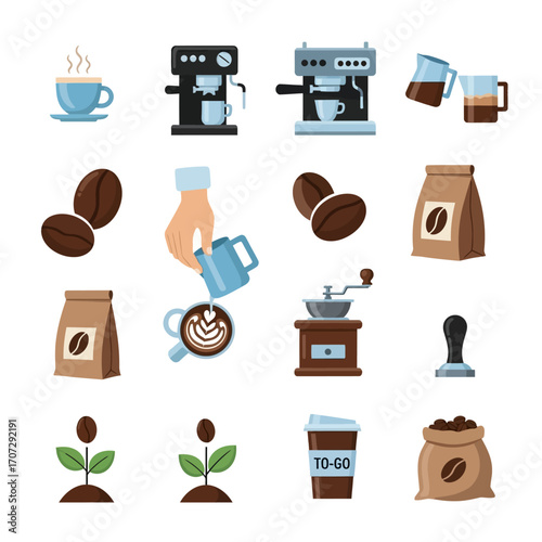 Coffee Preparation and Consumption Icons - Espresso Machines, Beans, and More.