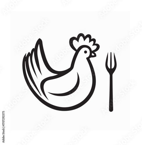 Minimalist restaurant logo featuring chicken and fork vector illustration