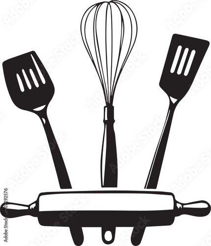 Black and white kitchen utensil illustration with rolling pin, whisk, and slotted spatulas in minimal symmetrical silhouette style