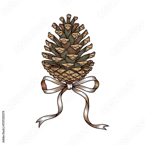 Pinecone ornament with white ribbon bow in hand-drawn style