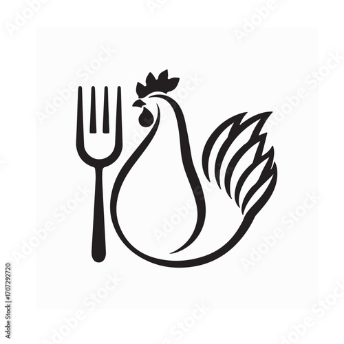 Creative restaurant logo with chicken and fork vector design on white background
