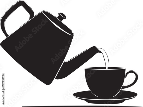 Black silhouette of teapot pouring into teacup on saucer with white outline, minimal design for tea, hospitality, and ritual themes