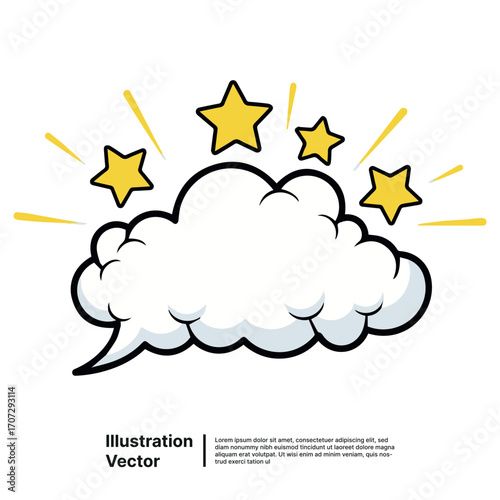 Comic cloud illustration with stars, a visual representation of thought and speech with text box