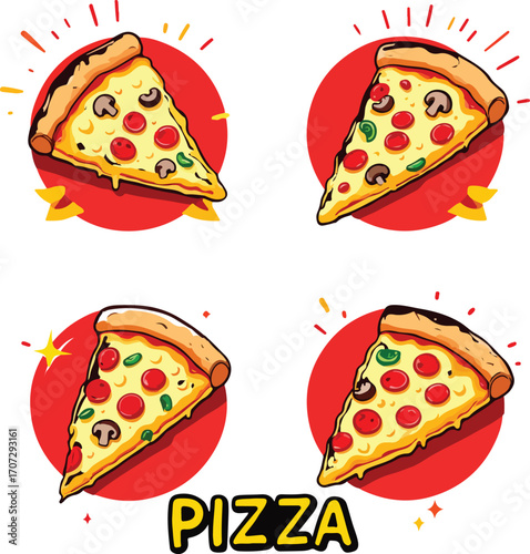 Set of 4 cartoon pizza slice illustrations with toppings on red circular backgrounds and bold “PIZZA” text for food design themes