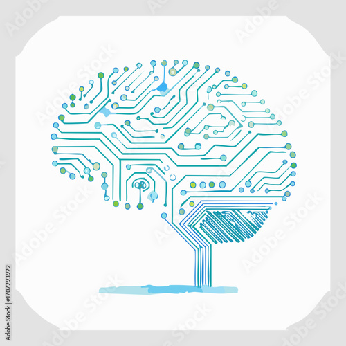 Technology icon of AI brain with glowing circuit connections, vector outline