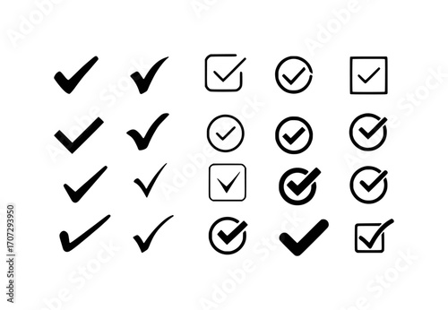 Collection of Black Check Mark Icons and Symbols on White Background
