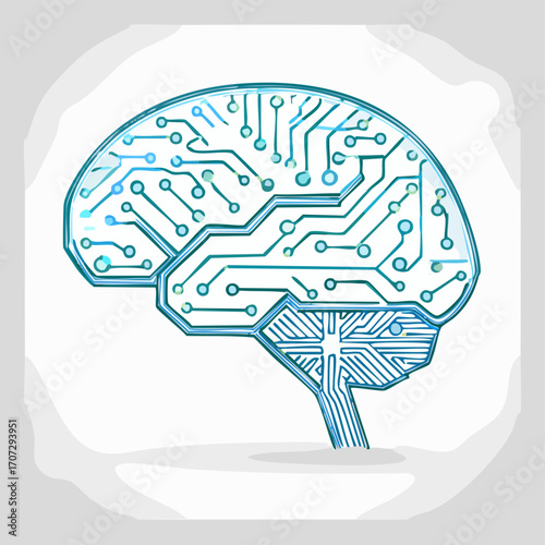 Neural network AI brain icon with minimal circuit lines, vector design