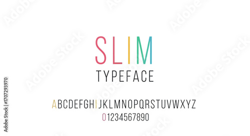 Modern, clean typeface with colorful vertical accents and alphabet display.