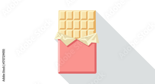 Delicious white chocolate bar unwrapped in a pink wrapper with a long shadow
