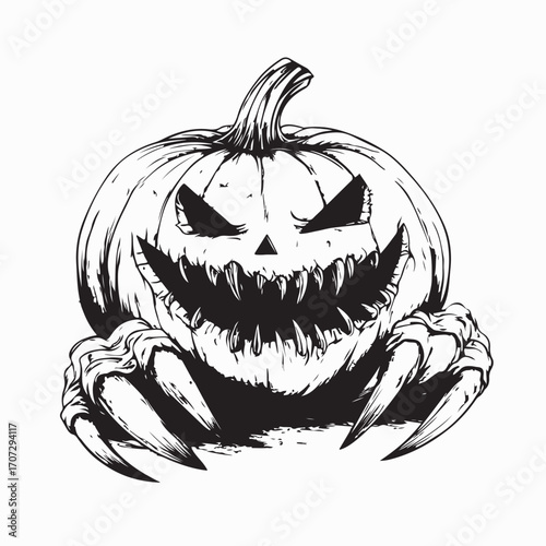 Scary claw grabbing Halloween pumpkin vector illustration isolated on white background