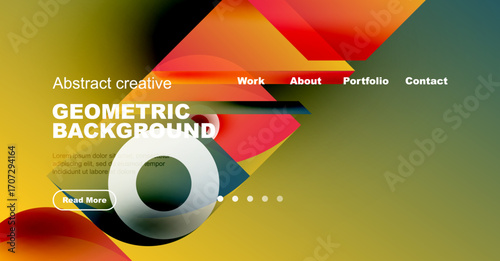 Abstract website mockup features geometric shapes, vibrant colors, text elements. Modern design promotes creativity, portfolio viewing.