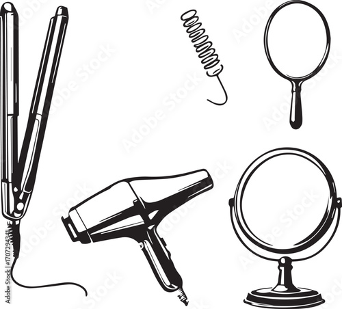 PrintBlack and white illustration of hair dryer, straightener, mirror, and beauty accessories for grooming and salon design themes