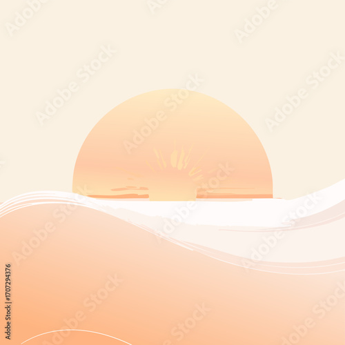 Vector illustration of rising sun over curved horizon, soft apricot tones
