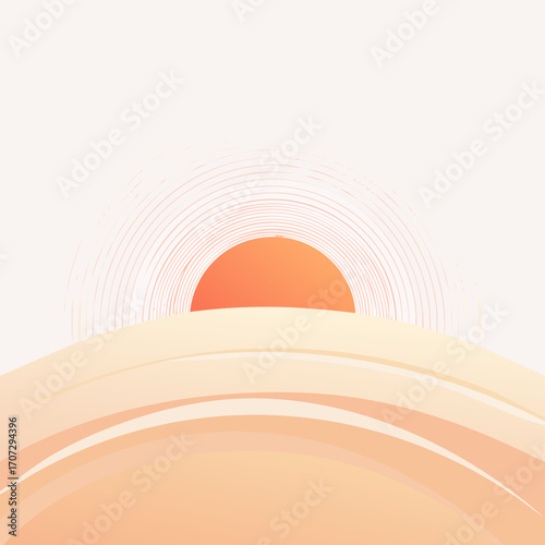 Minimal sunrise vector icon with curved horizon and soft apricot color