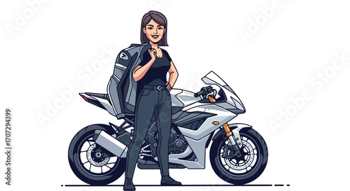  female biker standing next to her sport motorcycle.