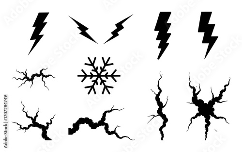 Collection of Black Silhouettes: Lightning Bolts, Snowflakes, and Cracks