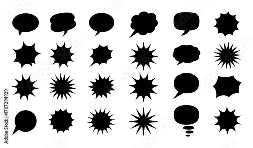 Collection of Black Speech Bubbles and Starburst Shapes on White Background