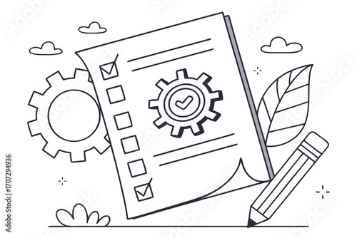 Minimalist project management checklist with cogwheel and pencil icon