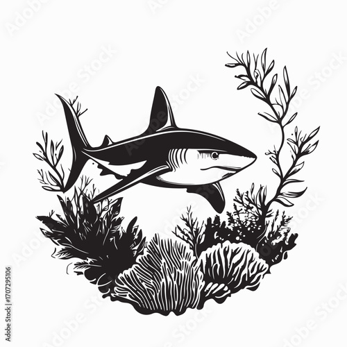 Peaceful marine shark swimming in reef ecosystem vector illustration isolated