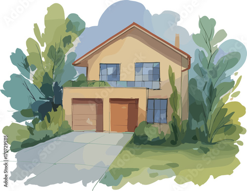 Charming Suburban Home Vector Illustration with Lush Greenery and Blue Sky Backdrop for Architectural and Real Estate Designs