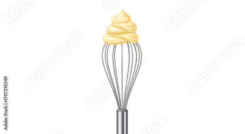 Creamy frosting swirled atop a metal whisk, ready for baking or decorating.