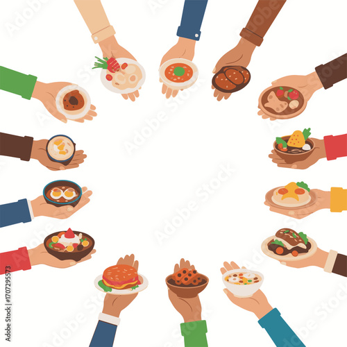 Vector Flat Illustration of Hands Holding Diverse Food Dishes in a Circular Arrangement