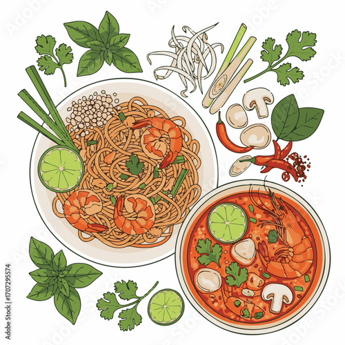 Hand-drawn Thai food collection with Pad Thai and Tom Yum soup, traditional Asian cuisine ingredients, Flat lay Vector illustration