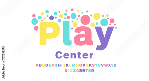 Colorful 'Play Center' logo with alphabet and numbers for children's fun and learning