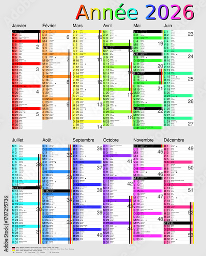 Calendrier 2026, calques, vacances scolaires, Saints, 12 mois