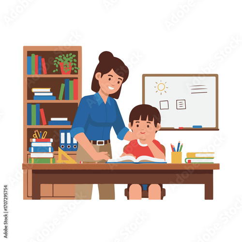 Flat Design Vector Illustration of a Teacher Helping a Student with Homework