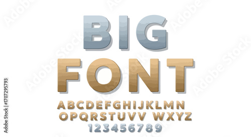 Bold, impactful lettering and numbers in metallic gold and silver against a clean white background, showcasing uppercase alphabet and digits.