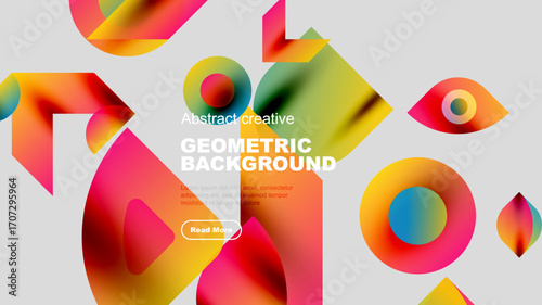 Vibrant geometric shapes overlap, creating colorful abstract background. Text promotes creative design concept.