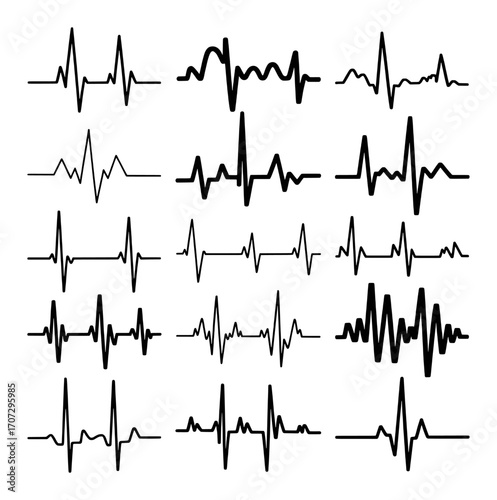 Collection of Diverse Electrocardiogram (ECG) Heartbeat Line Graphics