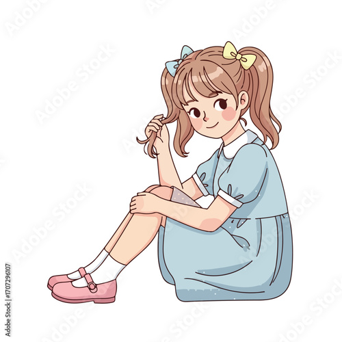 Cute anime girl with pigtails and bows sitting down.