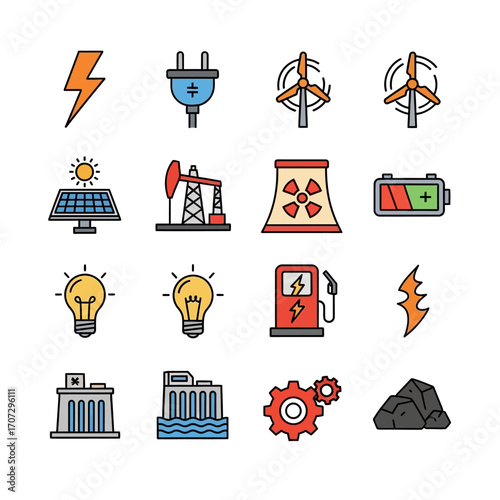 Energy Sources and Power Generation Icons Representing Various Energy Types.