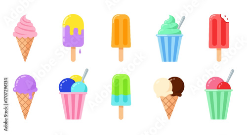 A vibrant collection of colorful ice cream treats and popsicles on a clean white background.