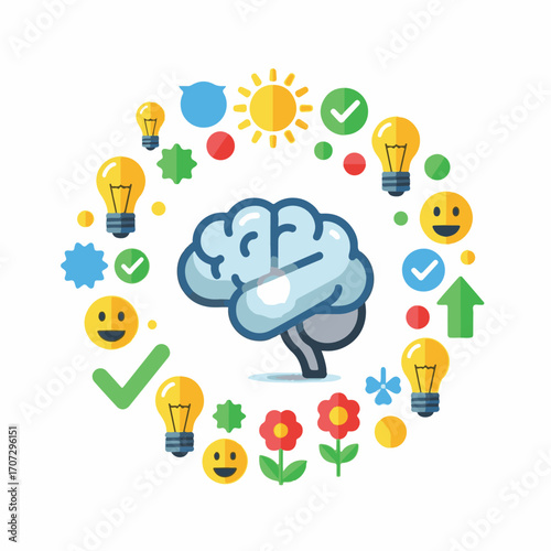 Vector flat illustration of a brain surrounded by icons representing ideas, creativity, and positive thinking