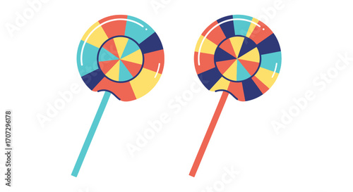 Two colorful swirl lollipops on sticks isolated on white background, sweet treats for celebration