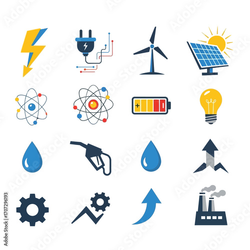 Energy Sources and Power Generation Icons Set, Renewable and Non-Renewable.