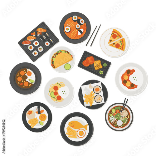 Flat Vector Food Plates Featuring Sushi, Pizza, Tacos, and More in a Colorful Design