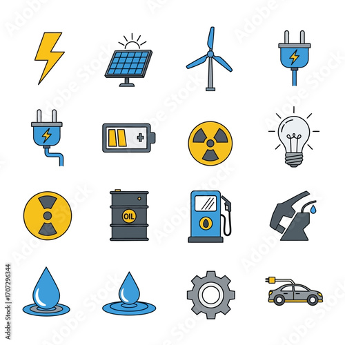 Energy Sources and Sustainability Icons Set, Renewable and Non-Renewable Energy.