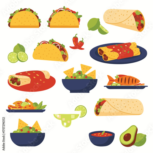 Colorful Vector set of popular Mexican food icons. A collection of traditional cuisine dishes like tacos, burritos, and nachos in a flat design style