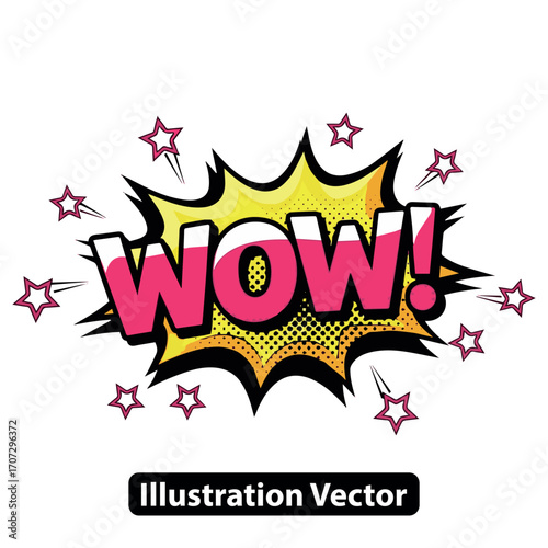 Vibrant comic book style 'WOW!' speech bubble illustration with explosive burst and star elements, perfect for expressing astonishment and enthusiasm