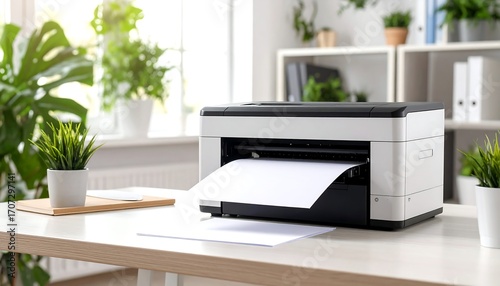 A modern monochrome printer sits on a white desk, paper emerging, amidst indoor plants and sunlight. A clean, bright office scene
